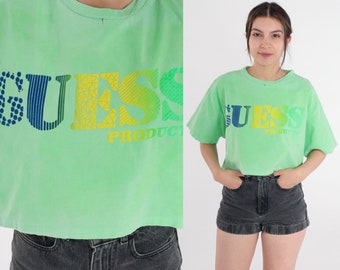 Neon Green Crop Top 90s Cropped T-Shirt Logo Graphic Tee Retro Bright Summer Boxy Tshirt Festival Lime Cotton Vintage 1990s Medium Large