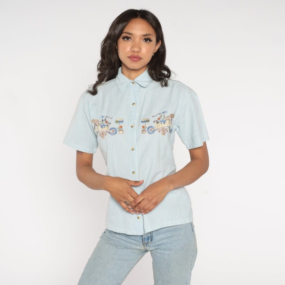 90s Gardening Shirt Embroidered Button Up Shirt Flower Cart Garden Blouse Blue White Striped Short Sleeve Top Floral 1990s Vintage Small S