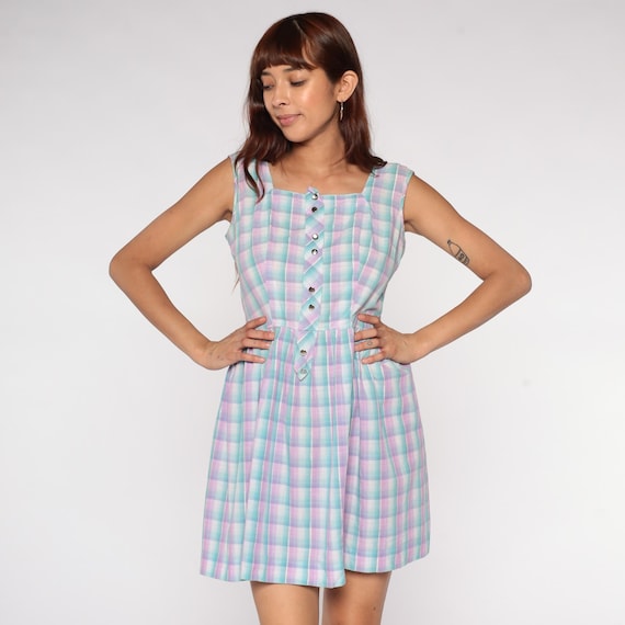 Plaid Mini Dress 60s Pastel Lavender Button Front Square Neck Sleeveless Fit and Flare Babydoll Day Dress Preppy Mod Cotton Checkered Medium