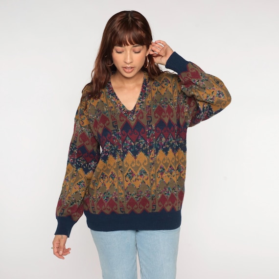 Vintage Abstract Sweater 80s Geometric Pullover Knit Sweater V Neck Mustard Burgundy Olive Jumper Grunge Retro Acrylic 1980sMen's Large L