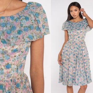 Floral Chiffon Dress 60s Day Dress Ruffle Blue Pink Rose Print Midi High Waisted Pleated Garden Party Flutter Sleeve Vintage 1960s Small S