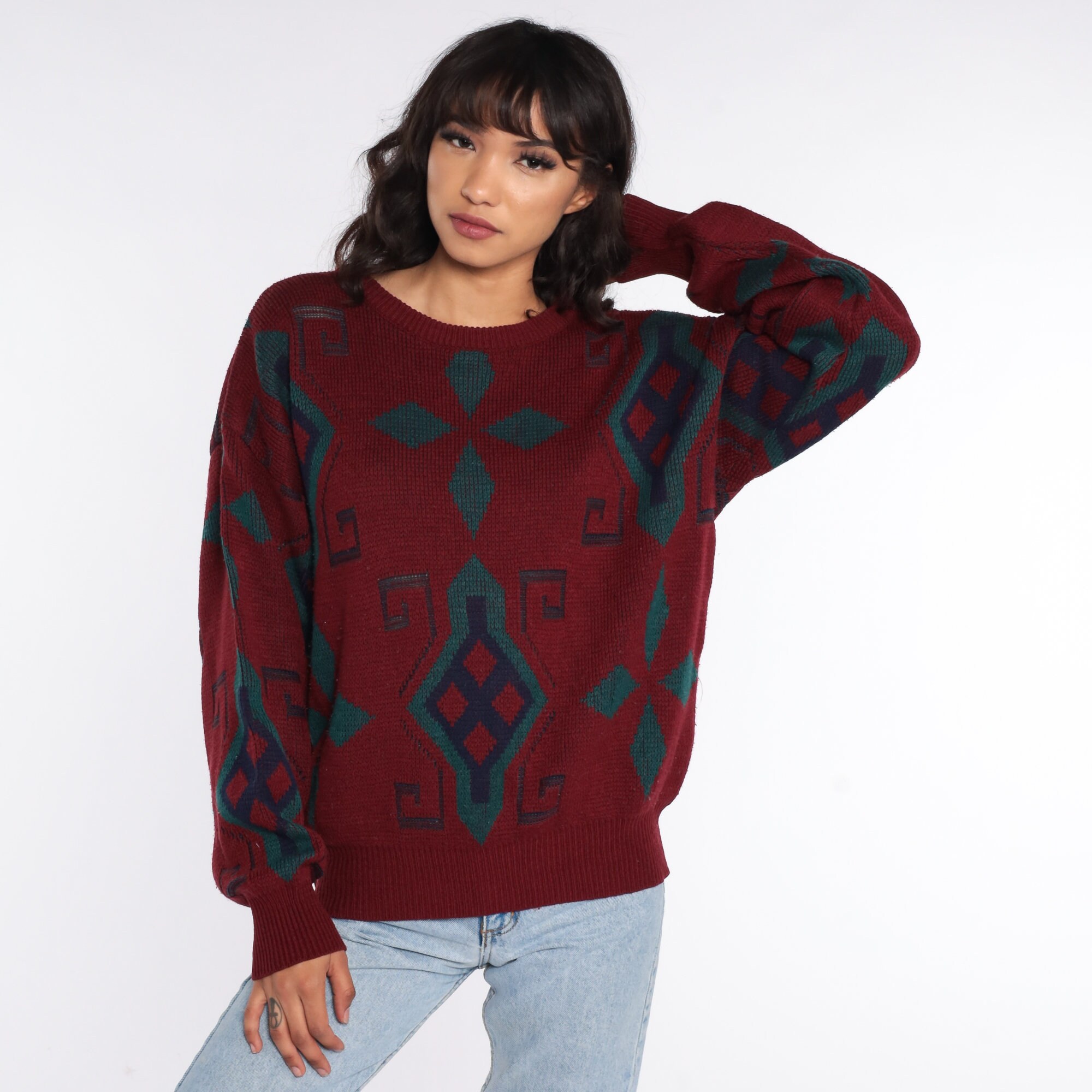 80s Geometric Sweater Burgundy 90s Knit Jumper Acrylic 1980s Statement ...