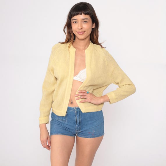 70s Wool Cardigan Pale Yellow Cream Long Sleeve Knit Vintage Open Front Light Academia Preppy Cozy Sweater Spring Grandma Nerdcore Small S