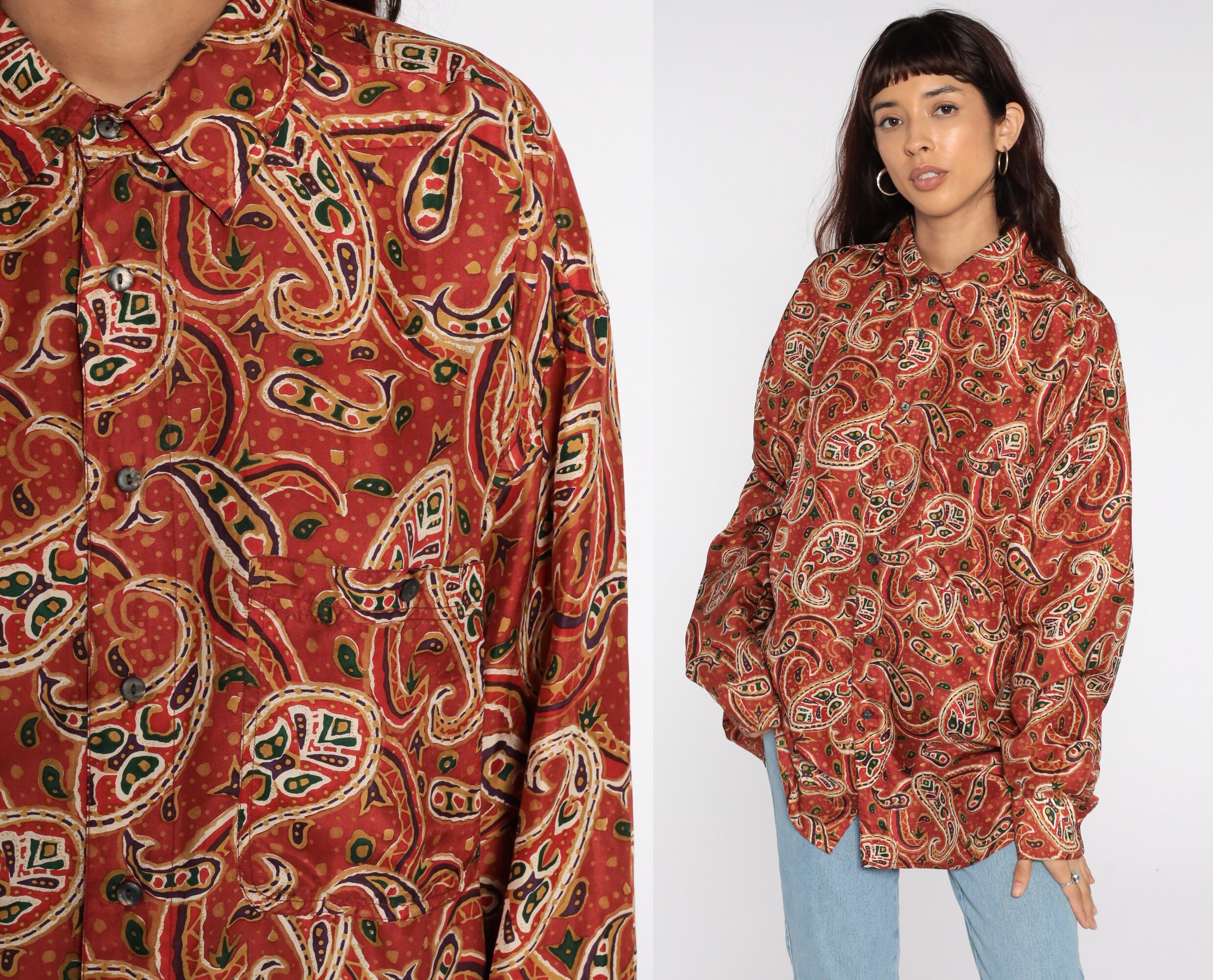 Silk Paisley Shirt 80s Button Up Shirt 