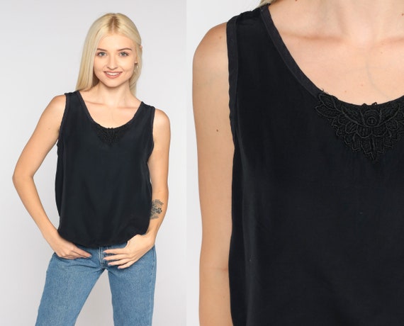 Black Tank Top 90s Floral Embroidered Lace Sleeveless Shirt Plain Retro Basic Simple Blouse Gothic Party Vintage 1990s Rayon Small S