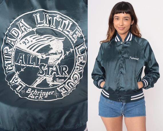 90s Navy Baseball Jacket Little League All Star La Mirada Nylon Satin Bomber Snap Front Striped Ribbed Trim Vintage Extra Small XS