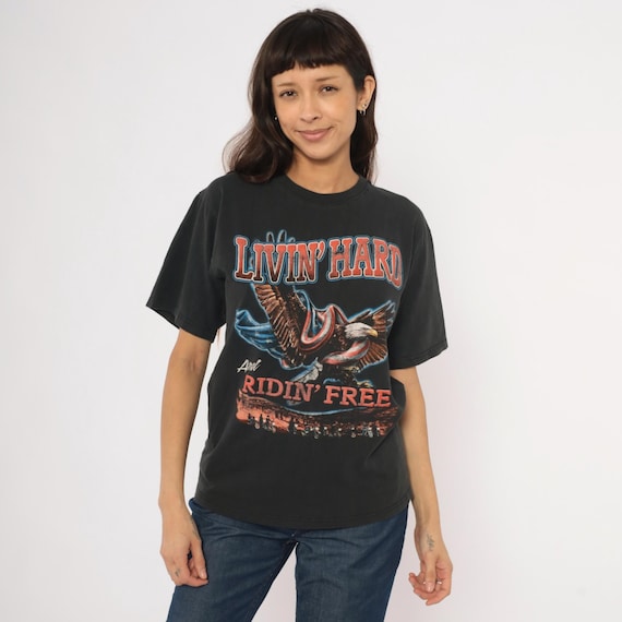 Livin Hard Ridin Free Eagle Tee 90s Charlotte NC Motorcycle Cotton Black Short Sleeve Americana Biker Eagle Print Vintage Shirt Small S