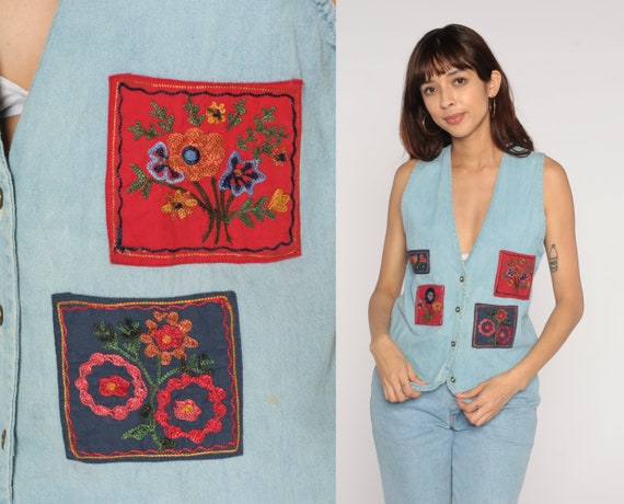 Floral Denim Vest 90s Patchwork Button Up Vest Embroidered Sleeveless Jean Shirt Chambray Blue Flower Top Retro Vintage 1990s Cotton Small S