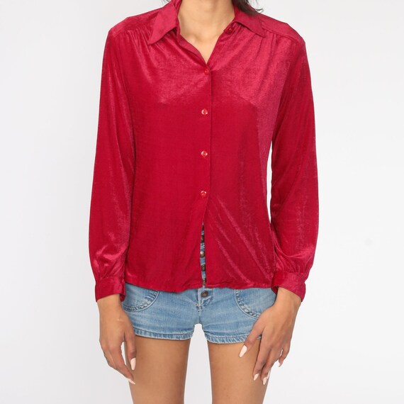 Velour Shirt Raspberry Button Up Shirt Long Sleev… - image 5