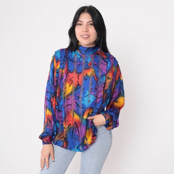 80s Blouse Abstract Print Top Semi-Sheer Striped Mock Neck Shirt Button Shoulder Mockneck Psychedelic Blue Purple Yellow Vintage 1980s Small