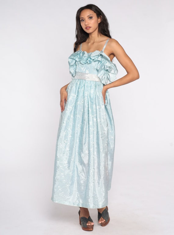 70s Prom Dress Baby Blue Floral Embossed Dress Bo… - image 2