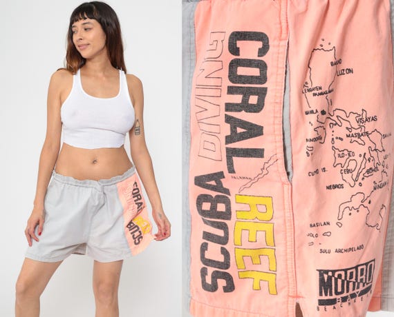 90s Morro Bay Swim Trunks Vintage Scuba Diving Swim Shorts Color Block Coral Reed Cotton Surf Beach 1990s Philippines Map Extra Large xl