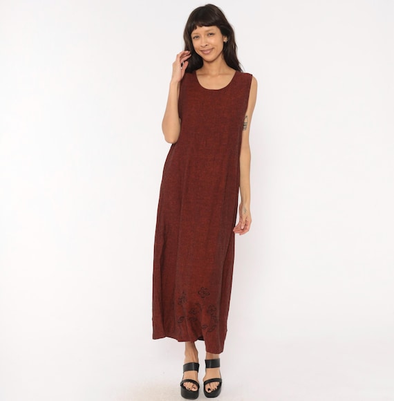 90s Floral Embroidered Linen Blend Maxi Dress Burgundy Hem Wine Column Prairie Summer Beach Vacation Tank Cranberry Vintage Large Petite LP