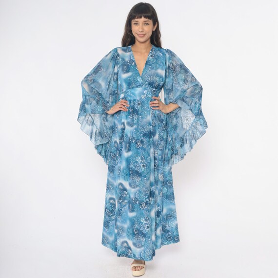70s Angel Sleeve Dress Blue Floral Wrap Kimono Sleeves Winter Nature Print Cottagecore Fairycore Ethereal Flowing Vintage Small Medium S M