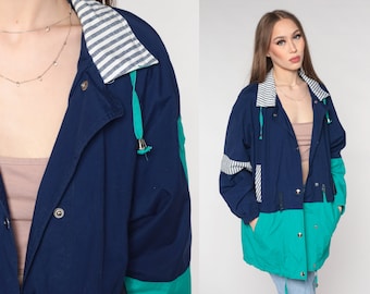 Blue Windbreaker Jacket 90s Teal Color Block Coat Cotton Blend Jacket Drawstring Hem Plain Lightweight Vintage 1990s Small Medium