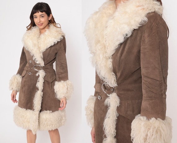 70s Suede Coat Brown Penny Lane Shearling Leather Jacket Sherpa Boho Almost Famous Hippie Bohemian Button Up Vintage 1970s Brett's Small
