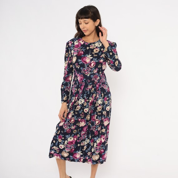 80s Floral Midi Dress Navy Plum Puff Sleeve Pleated Round Neck Garden Party Botanical Cream Blue Long Sleeve Cottagecore Vintage Medium M