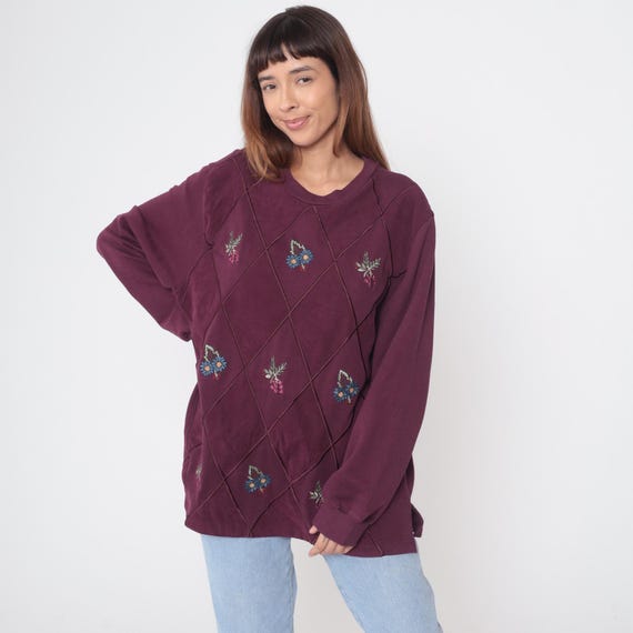 Plum Embroidered Sweatshirt 90s Purple Floral Argyle Pattern Long Sleeve Pullover Cotton Blend Textured Knit Nerdcore Vintage Plus Size 3X