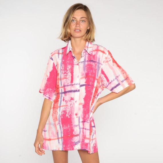 Abstract Blouse 90s Button Up Shirt Pink Brushstroke Print Top Collared Short Sleeve Psychedelic Red Purple Vintage 1990s Extra Large xl