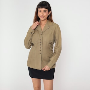 Vintage Tan Utility Jacket 90s Button Up Front Fitted Blazer Military Workwear Long Sleeve Collared Pockets 1990s Minimalist Safari Medium M