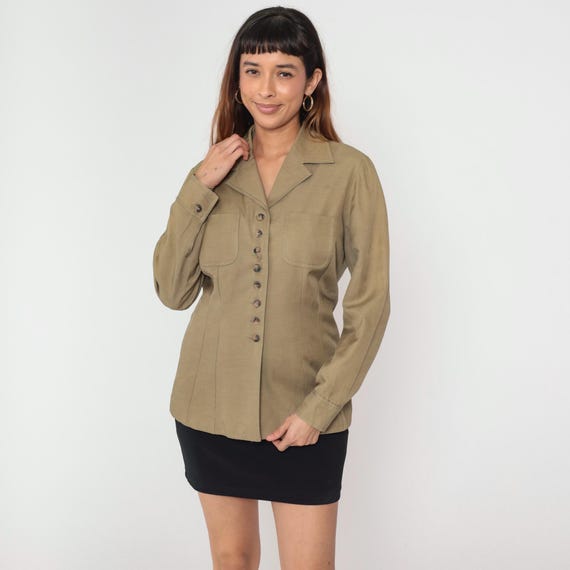 Vintage Tan Utility Jacket 90s Button Up Front Fitted Blazer Military Workwear Long Sleeve Collared Pockets 1990s Minimalist Safari Medium M