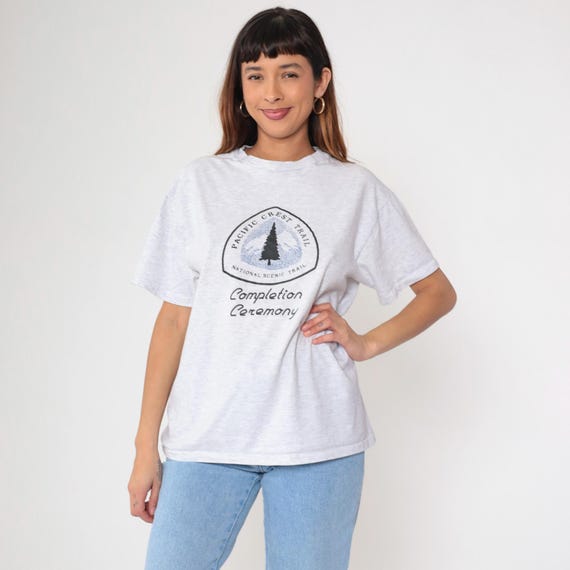 Vintage Pacific Crest Trail T-Shirt 90s Gray Hiking Tee National Trails Day 1993 Graphic Outdoor USA Cotton Hanes 1990s Tree Nature Large L
