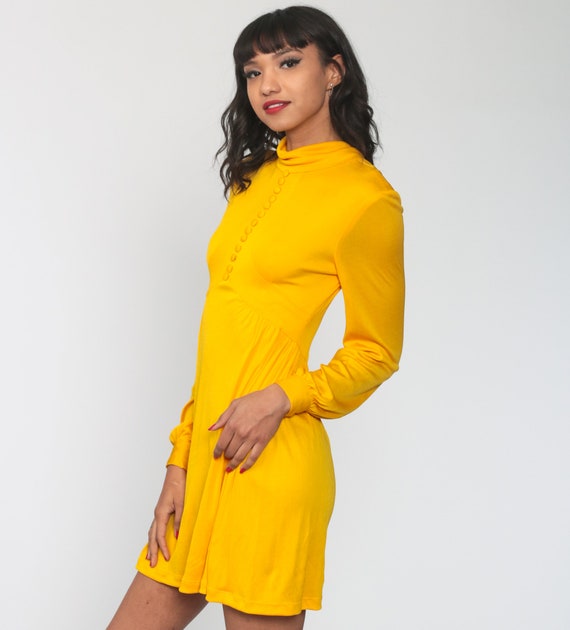 Yellow Babydoll Dress 1970s Mod Mini Dress Button… - image 5