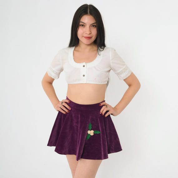 Vintage Purple Velvet Skirt 60s Circle Micro Mini Appliqué Berries Embroidered Felt Leaves 1960s Holiday Party Mod Short 2xs xxs