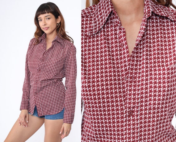 70s Houndstooth Shirt Men's Oxford Shirt Maroon Checkered Dagger Collar Shirt Button Up Long Sleeve Top Disco Shirt 1970s Collared Small
