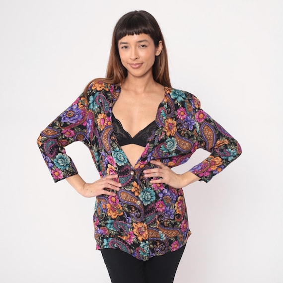 90s Paisley Floral Blouse Deep V Neck Three Quarter Sleeve Purple Pink Orange Teal Black Background Rampage Tunic Style Vintage Medium M