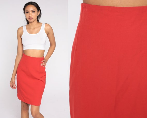 Red Wool Pencil Skirt Y2K High Waisted Mini Skirt Retro Preppy Wiggle Simple Classic Chic High Waist Secretary Vintage 00s Escada Small S 27