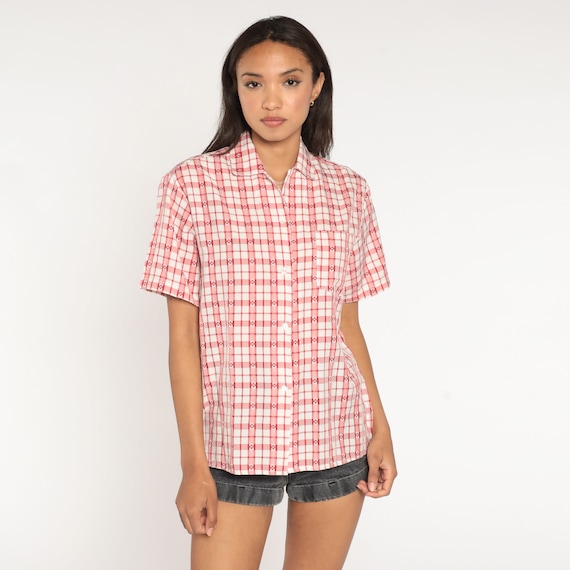 80s Plaid Heart Shirt HEART PRINT Shirt Grunge Shirt Checkered Shirt Button Up 1980s Vintage Short Sleeve White Red Medium Large