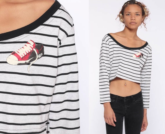 Striped Sneaker Crop Top -- Long Sleeve Shirt 90s Grunge Top 1990s Black Grey Red Black Ringer 80s 1980s Cropped TShirt Large