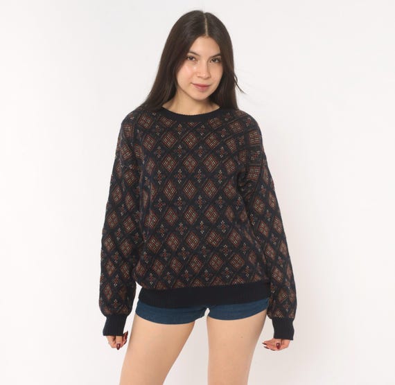 90s Diamond Knit Sweater Navy Rust Geometric Pullover Crew Neck Wool Argyle Pattern Fair Isle Copper Crewneck Jumper Vintage Large L