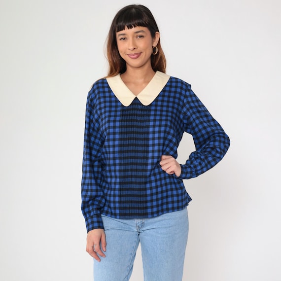 Vintage Checkered Blouse 80s Blue Black Gingham Long Sleeve Shirt Cream Collar Pleated Front Button Back 1980s Check Top Medium 8