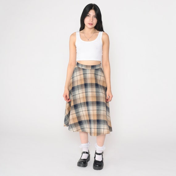 Plaid Midi Skirt 70s School Girl Skirt A-Line Checkered Tartan High Waisted Preppy Uniform Retro Tan Navy Blue Vintage 1970s Extra Small xs