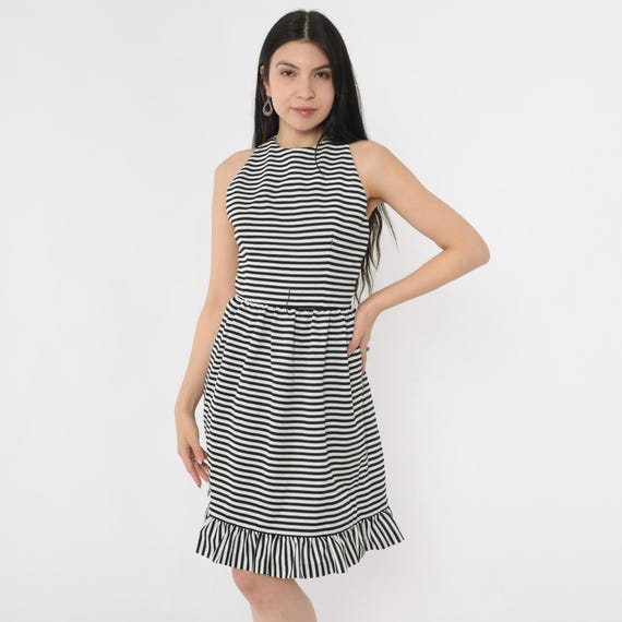 Vintage 70s Black White Striped Dress Mod Criss-Cross Back Ruffle Hem Sleeveless High Neck Fit Flare Mini 1970s Summer Retro Extra Small xs