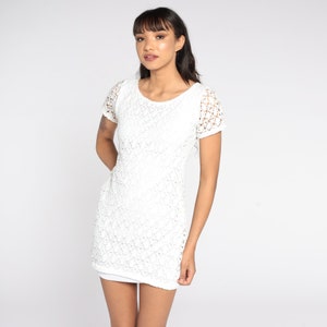 White Crochet Dress Boho Hippie CUTWORK Mesh Dress 90s Mini Shift Dress Cut Out 1990s Beach Festival Bohemian Vintage Small S