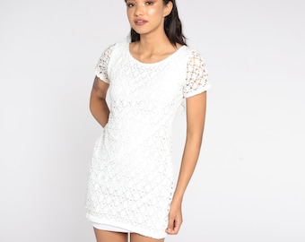 White Crochet Dress Boho Hippie CUTWORK Mesh Dress 90s Mini Shift Dress Cut Out 1990s Beach Festival Bohemian Vintage Small S