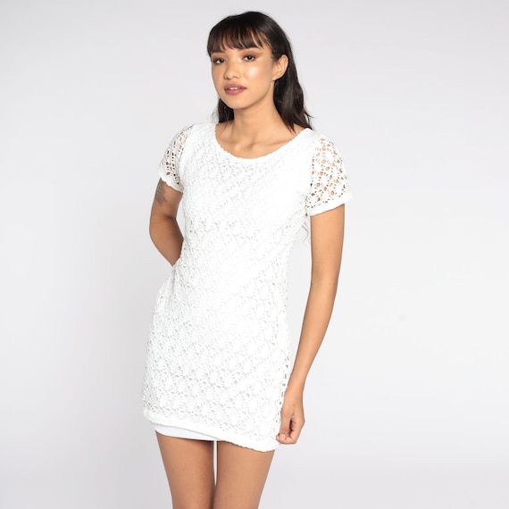 White Crochet Dress Boho Hippie CUTWORK Mesh Dress 90s Mini Shift Dress Cut Out 1990s Beach Festival Bohemian Vintage Small S