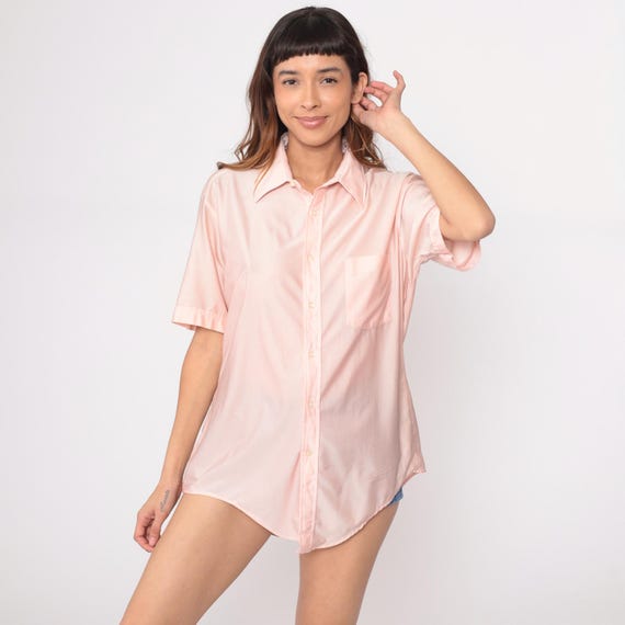 70s Pink Button Up Shirt Short Sleeve Tunic Length Vintage Blouse Pale Light Dress Shirt Office Work Top Preppy Classic Style Large L