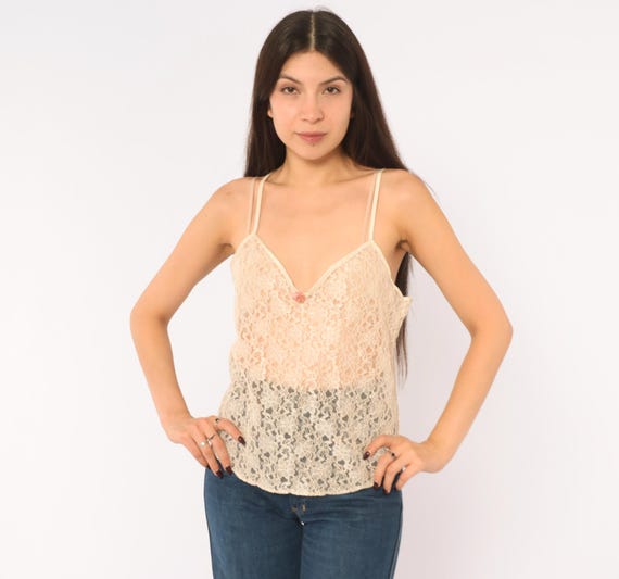 90s Sheer Lace Camisole Beige Cream Floral Tank Top V Neck Strap Scalloped Hem Pink Rosette Coquette Lingerie Cami Sleeveless Petra Medium M