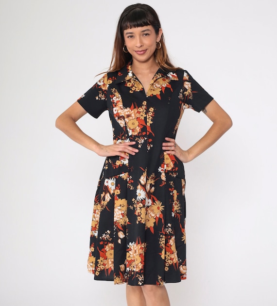 Black Floral Shift Dress 60s 70s Mod Midi Knee Length Pocket Flower Hippie Vintage Gogo Twiggy Fit and Flare Short Sleeve Tan Orange Medium