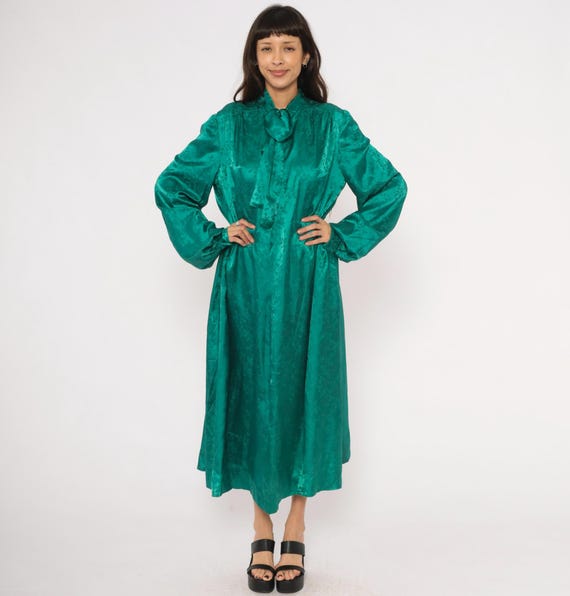 Teal Jacquard Maxi Dress 90s Pussy Bow Neck Tie Floral Emerald Balloon Sleeve Kaftan Green Damask Rose Loose Fit Vintage Extra Large XL