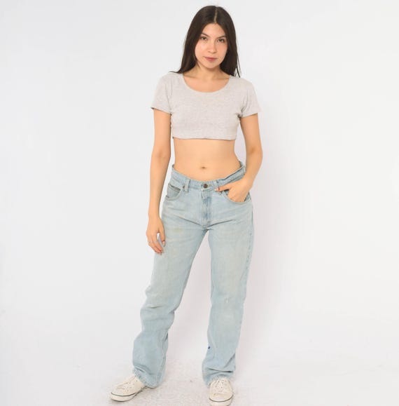 90s Wrangler Jeans Light Wash Blue Denim Straight Leg Cotton Pants Mid Rise Faded Stonewash Boyfriend Western Trousers Womens Vintage Medium