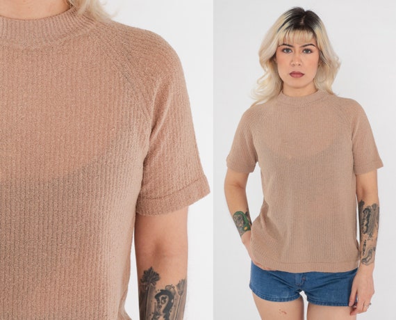 Tan Knit Shirt 70s Sweater Top Retro Boho Mock Neck Ribbed Blouse Plain Short Sleeve Seventies Vintage 1970s Medium Large