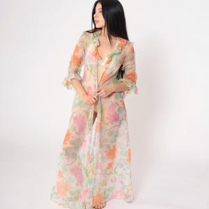 70s Sheer Floral Robe Ruffle Lingerie Maxi Robe Split Front Vanity 