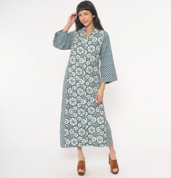 70s Hippie Garden Dress Blue Floral Maxi Cotton Kaftan Caftan Cottagecore Prairie Bohemian Cream White Scroll Geometric Psychedelic Small S