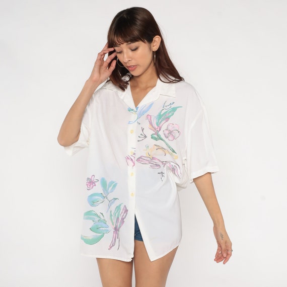 White Floral Blouse 80s Semi-Sheer Button Up Shirt Bohemian Watercolor Flower Print Top Short Sleeve Collar Boho Hippie Vintage 1980s Large