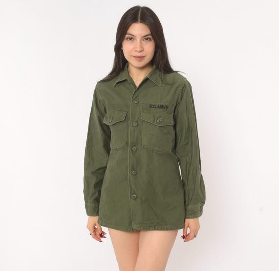 70s U.S. Military Utility Shirt Olive Drab Cotton Field Top Army Green Work Wear Uniform Long Sleeve Pointed Collar Vintage Medium M